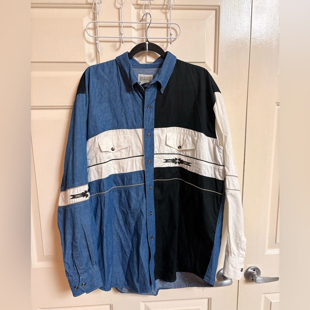 VTG 80s 90s Express Rider Chambray Western Embroidered Button Down Shirt